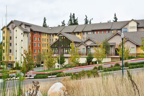 Earthy stone and wood tones define the building's exterior amid mature landscaping
