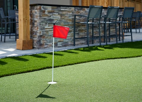 Outdoor putting green and lawn area.