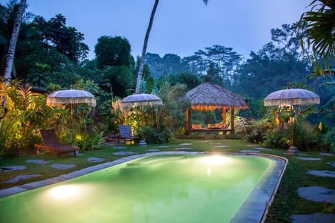 Outdoor pool, pool umbrellas, sun loungers