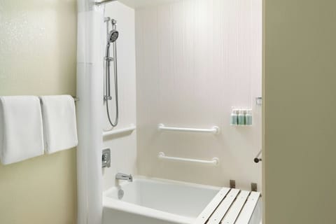 Combined shower/tub, free toiletries, hair dryer, towels