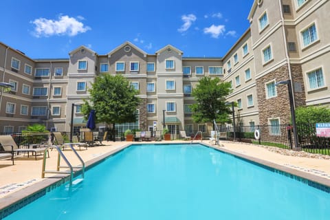 Outdoor swimming pool with lounge chairs and greenery.