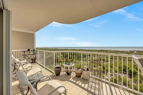 This is the view from the balcony, showcasing the beachfront property's coastal location with expansive sea views and natural dune vegetation stretching toward the horizon.
