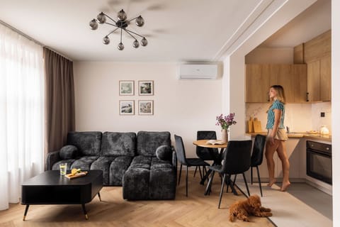 Salon stanowi komfortową przestrzeń do wypoczynku. Znajduje się w nim wygodna, rozkładana sofa zapewniająca dodatkowe miejsce do spania, stolik kawowy oraz telewizor Smart TV z dostępem do kanałów satelitarnych. 