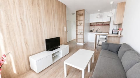 Bright modern studio with cozy lounge and sleek breakfast bar
