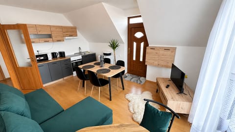 Bright attic studio with kitchenette, dining area, and cozy lounge