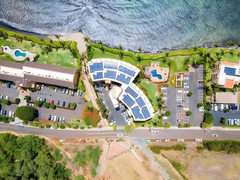 Aerial Beachfront Property View — Shared community amenity (not inside the rental unit)