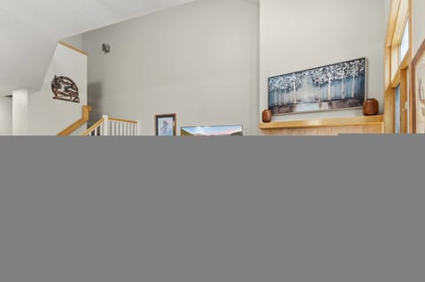 Living room: Gas fireplace, Smart TV, leather seating, vaulted ceilings