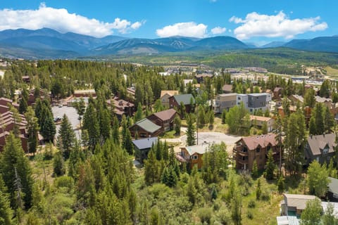 An aerial perspective captures a mountain community nestled among evergreen forests, with dramatic peaks rising in the distance under a brilliant blue sky dotted with clouds.