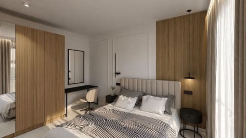 Desk, laptop workspace, blackout drapes, iron/ironing board