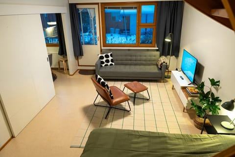 The downstairs living room and direct access to backyard