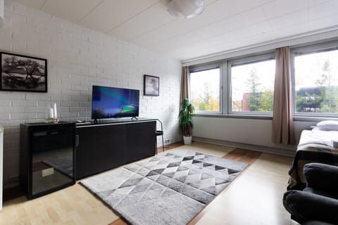 Spacious living room with smart-TV, armchairs, AC and one single bed.