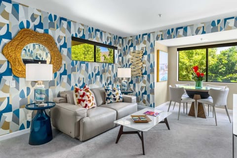 A one bedroom, one bathroom home with access to shared pools, spas, and tennis courts located in Palm Springs, CA.