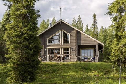Grey log villa exterior with a covered terrace, surrounded by peaceful spruce forest.