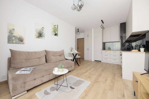 Bright modern living room with a comfortable beige sofa, a coffee table, a TV, a dining area and large windows providing plenty of natural light.