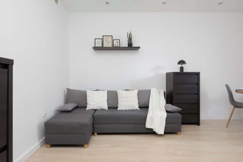 Bright and cozy living room featuring a comfortable sofa, a dark chest of drawers, and minimalist décor.