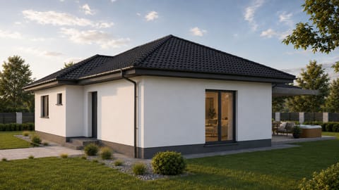 Modern single-story home with patio, garden, and sleek curb appeal