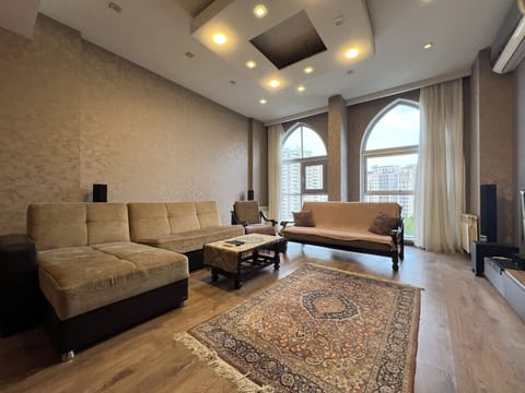Living-room seating area and elevated window outlook.