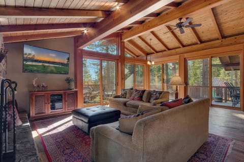  Living room (main floor): Wood-burning fireplace, Smart TV, Bluetooth sound system, patio access, lake view
