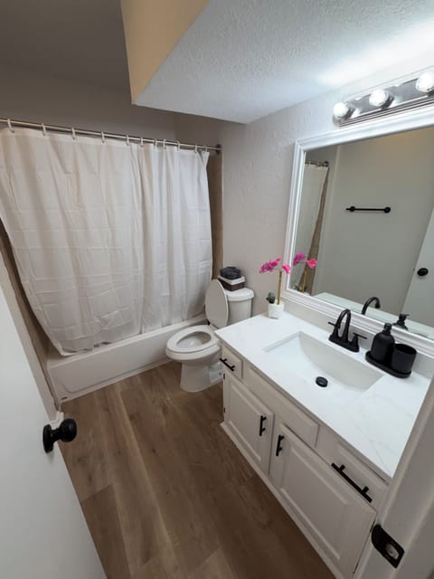 Bright updated bathroom with modern vanity and tub-shower combo