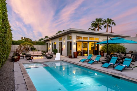 A stunning 3 bedroom, 2.5 bathroom home with a private pool, spa, outdoor shower, BBQ, and fire-pit located in Palm Springs, CA.