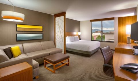 Desk, laptop workspace, blackout drapes, iron/ironing board