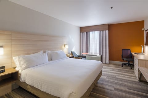 Desk, laptop workspace, blackout drapes, iron/ironing board