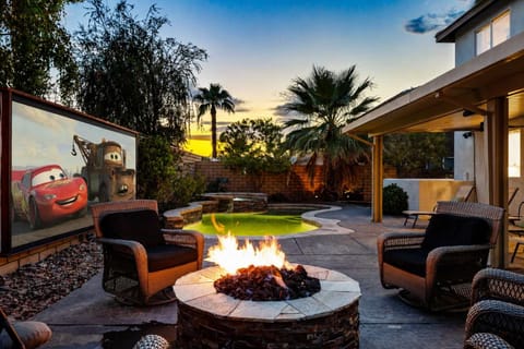 Movie night by the gas fire pit