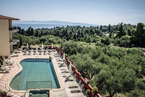 Outdoor pool, pool umbrellas, sun loungers
