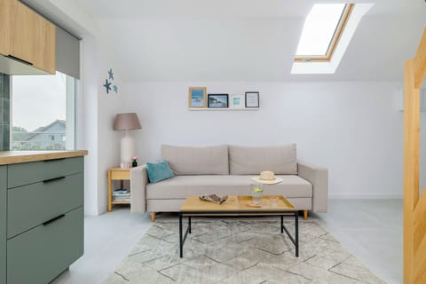 A bright living room with a sofa bed, a skylight, and simple furnishings, creating a calm and airy atmosphere.