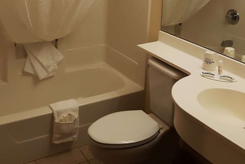Combined shower/tub, deep soaking tub, free toiletries, hair dryer