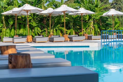 Outdoor pool, pool umbrellas, sun loungers