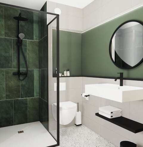 Shower, eco-friendly toiletries, hair dryer, towels