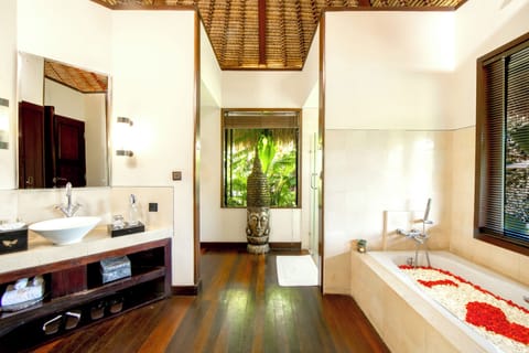 Separate tub and shower, free toiletries, hair dryer, bathrobes