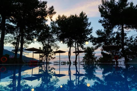 Outdoor pool, pool umbrellas, sun loungers