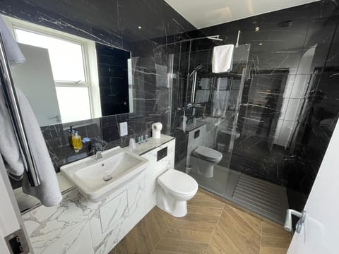 Combined shower/tub, free toiletries, hair dryer, towels