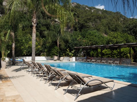 Outdoor pool, pool umbrellas, sun loungers