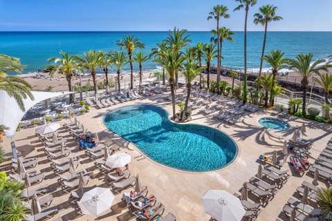 Outdoor pool, pool umbrellas, sun loungers