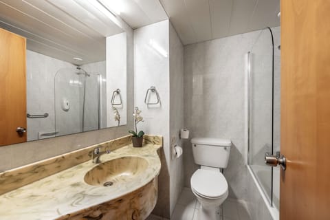 Combined shower/tub, free toiletries, hair dryer, towels