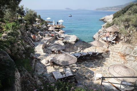 Private beach nearby, sun loungers, beach umbrellas, beach bar