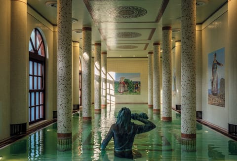 Indoor pool, outdoor pool, pool umbrellas
