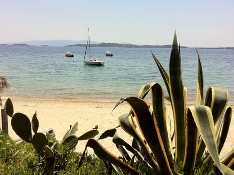 On the beach, sun loungers, beach umbrellas, beach towels