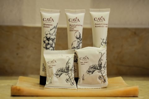 Hair dryer, towels, soap, shampoo