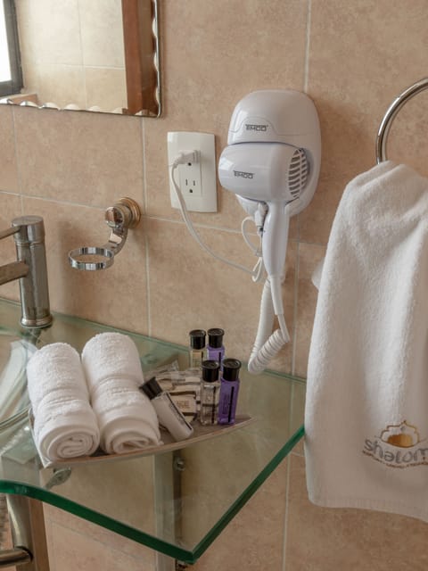 Shower, free toiletries, hair dryer, towels