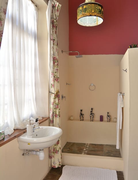 Shower, rainfall showerhead, towels, soap