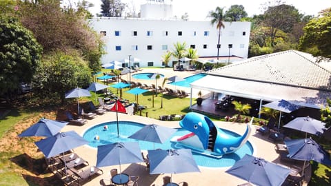 Outdoor pool, pool umbrellas, sun loungers