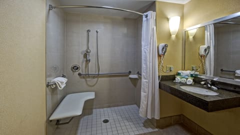 Combined shower/tub, free toiletries, hair dryer, towels