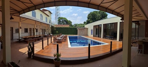 Outdoor pool, pool umbrellas, sun loungers