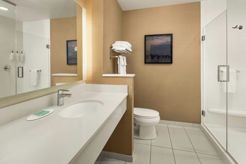 Combined shower/tub, hair dryer, towels