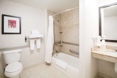 Combined shower/tub, free toiletries, hair dryer, towels