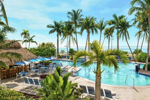 Outdoor pool, pool umbrellas, sun loungers